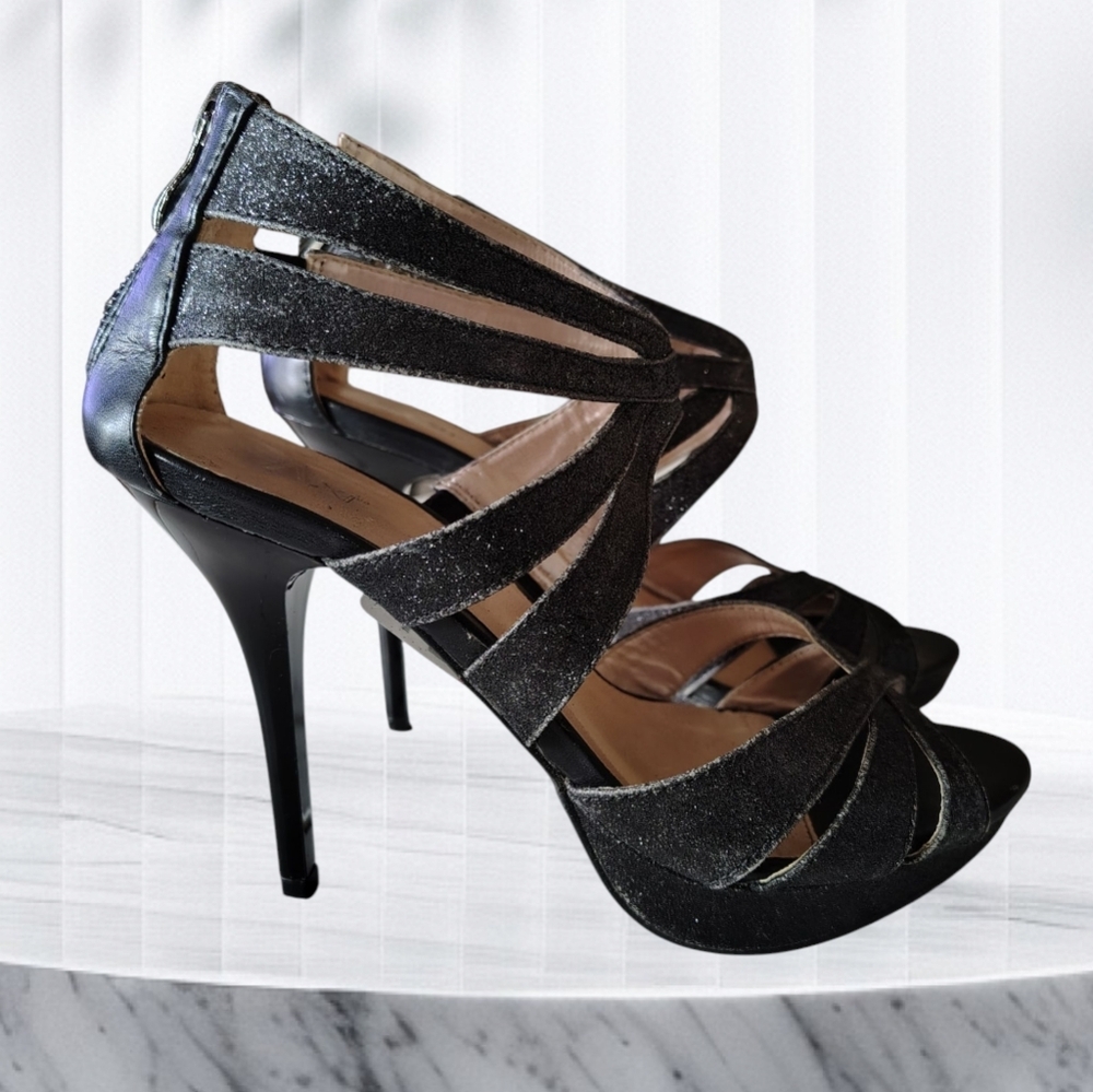 TAXI Women's Size 37 Black Stiletto Heels with Strappy Design